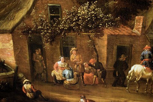 Personnages et chevaliers dans la cour de la taverne.